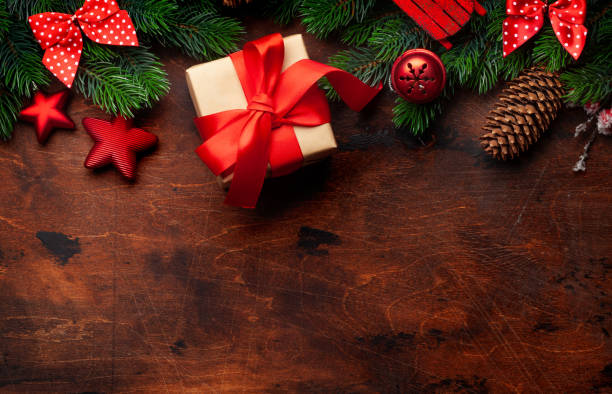 istock Christmas greeting card with fir tree and decor 1284676755