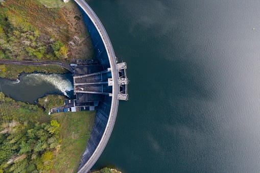 Aerial photograph of the Saint Etienne Cantales hydroelectric dam. Cantal. Auvergne. France. October 10, 2020.