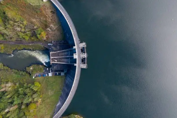 Aerial photograph of the Saint Etienne Cantales hydroelectric dam. Cantal. Auvergne. France. October 10, 2020."n"nPhotographie aerienne du barrage hydroelectrique de Saint Etienne Cantales. Cantal. Auvergne. France. 10 Octrobre 2020.