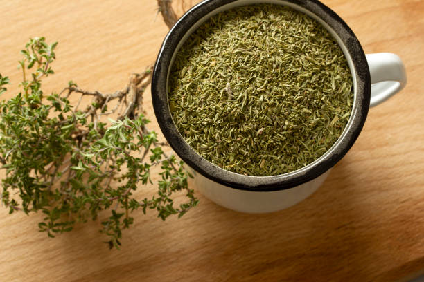 dried thyme on the table stock photo