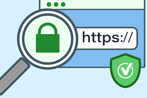Surfing the Internet using SSL encryption. Protect your site with HTTPS, an Internet communication Protocol that protects the integrity and confidentiality of data.Browser page, magnifying glass with a lock and an inscription with a shield isolated on a light blue background.Flat vector illustration