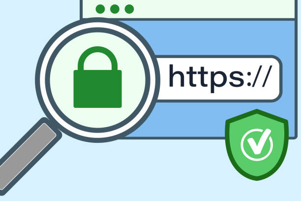 Surfing the Internet using SSL encryption. Protect your site with HTTPS, an Internet communication Protocol that protects the integrity and confidentiality of data. Surfing the Internet using SSL encryption. Protect your site with HTTPS, an Internet communication Protocol that protects the integrity and confidentiality of data.Browser page, magnifying glass with a lock and an inscription with a shield isolated on a light blue background.Flat vector illustration hypertext transfer protocol stock illustrations