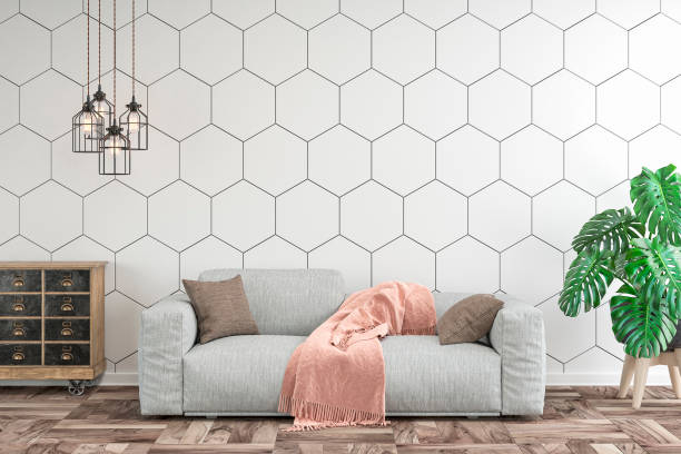 istock Empty living room with gray sofa, pendant lights and decoration 1284687106