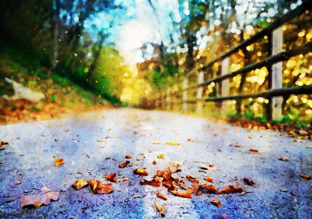 Watercolor effect on an autumn view of Soca valley - wooden fence on Solkan bike trail near the famous Solkan bridge. Watercolor effect on a photography.