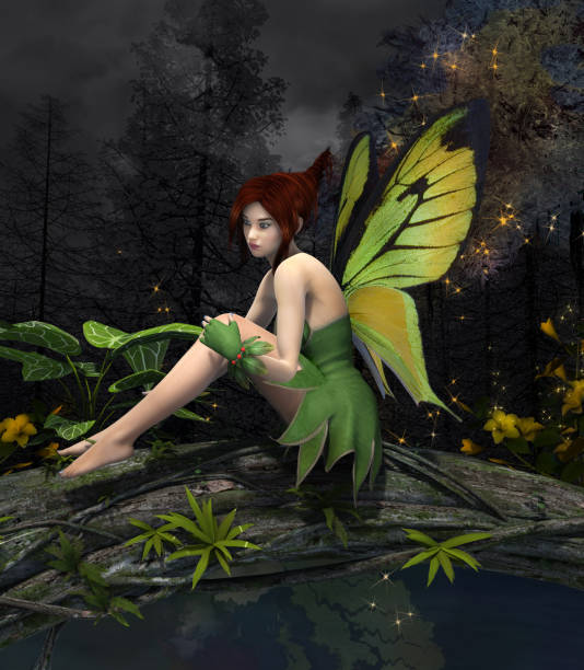 Thoughtful young fairy in the dark forest Fairy wearing a green dress sitting on a bridge over an enchanted pond - 3D render elf sitting stock pictures, royalty-free photos & images