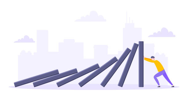 Domino effect or business resilience metaphor vector illustration. resilient, hard, work, wall, domino, effect, falling, vector, business, concept, cumulative, strong, against, illustration, success, support, pushing, economic, man, executive, force, resistance, crisis, problem, team, risk, stop, solving, overcome, obstacles, prevent, cartoon, effort, theory, character, reaction, solo, creative, metaphor, resilience, leader, leadership, fall, intervention, management, prevention, action, failure, resolution, graphic falling behind stock illustrations