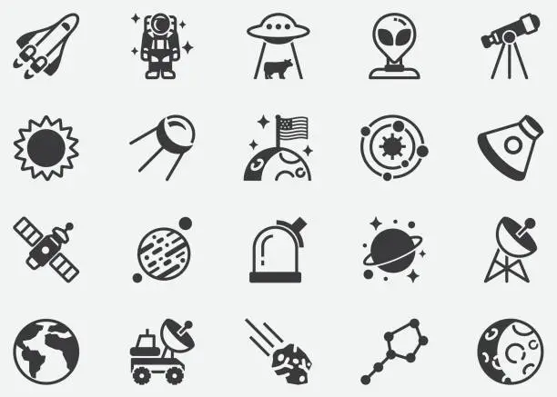 Vector illustration of Space,UFO,Moon,Sun,Outer Space Pixel Perfect Icons