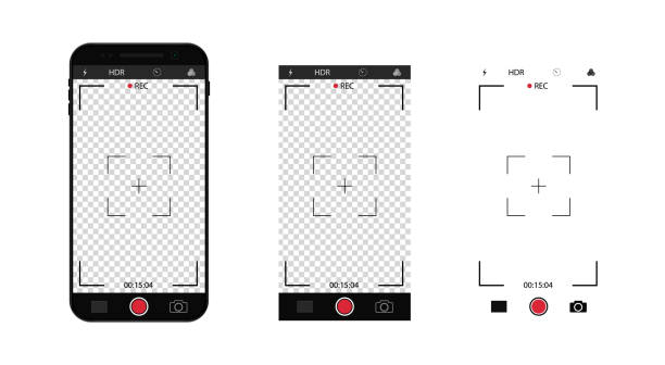 illustrations, cliparts, dessins animés et icônes de interface de caméra photo dans le mobile. téléphone avec écran vidéo d’enregistrement avec zoom, grille de mise au point. modèle de cadre de selfie dans le smartphone. vecteur - toy camera