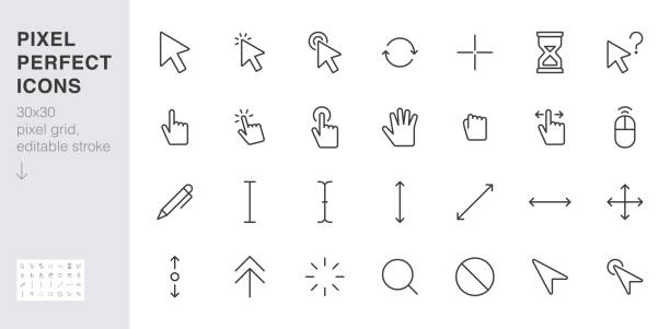 ilustrações de stock, clip art, desenhos animados e ícones de cursor line icon set. mouse click, hand tap, arrow pointer, type here, scroll, hourglass, finger minimal vector illustration. simple outline sign for selection. 30x30 pixel perfect editable stroke - cursor