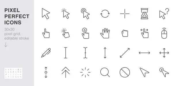 Vector illustration of Cursor line icon set. mouse click, hand tap, arrow pointer, type here, scroll, hourglass, finger minimal vector illustration. Simple outline sign for selection. 30x30 Pixel Perfect Editable Stroke