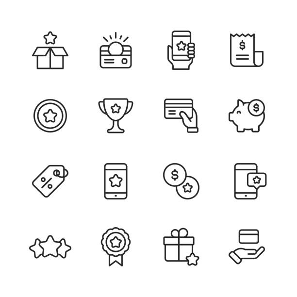 Loyalty Program Line Icons. Editable Stroke. Pixel Perfect. For Mobile and Web. Contains such icons as Gift Box, Loyalty Card, Money, Savings, Marketing, Customer Experience, Payments, Piggy Bank, Promotion, Five Star Rating, Credit Card, Shopping. 16 Loyalty Program Outline Icons. Loyalty, Gift, Box, Shipping, Benefits, Perks, Loyalty Card, Gift Card, Money, Finance, Savings, Mobile App, Digital Marketing, Customer Experience, Invoice, Coin, Award, Payments, Piggy Bank, Label, Promotion, Exchange, Smartphone, Five Star, Rating, Quality, Badge, Web Banner, Credit Card, Shopping, Sale, Wealth, Comparison, Satisfaction. incentive stock illustrations