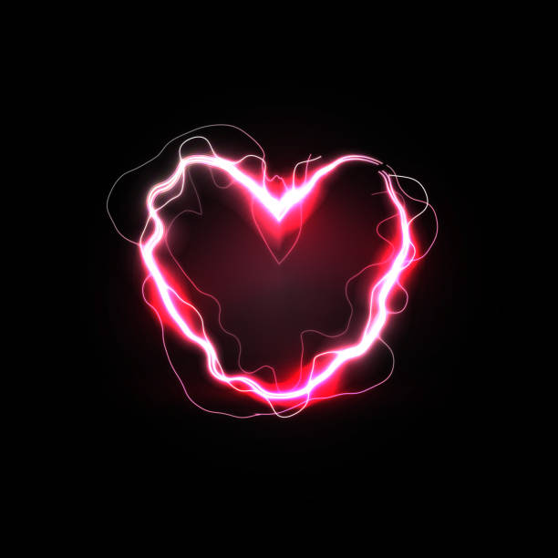 뜨거운 관계, 불같은 사랑과 타오르는 열정 기호. 심장 모양의 붉은 번개. 검은 색 배경에 격리된 벡터 그림입니다. - valentines day hearts flash stock illustrations