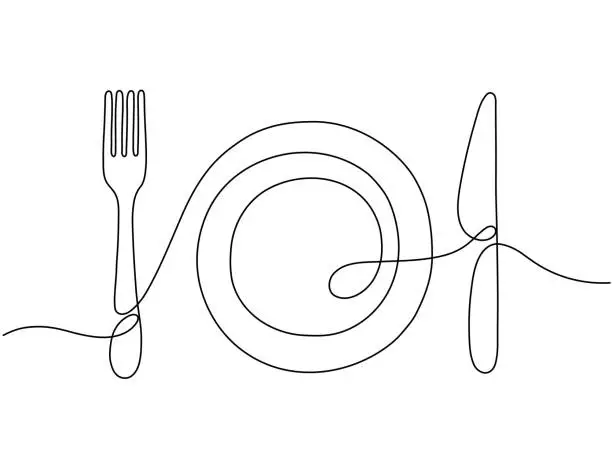 Vector illustration of One line art. Plate knife, fork continuous outline drawing. Decoration for cafe or kitchen, restaurant or menu. Cutlery vector illustration