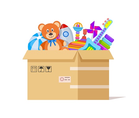 Toy box. Donate toys, charity kids support. Volunteer donations for poor children in cardboard parcel. Endowing child vector illustration. Donation box humanitarian with toys, rocket and teddy