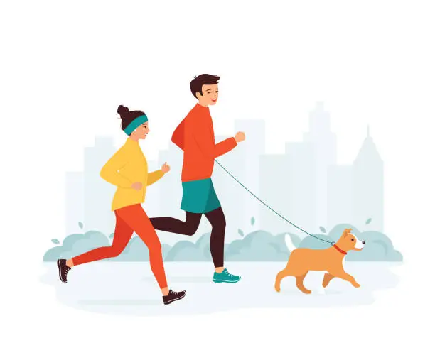 Vector illustration of Young man and woman run in a city park with a dog. Family active healthy lifestyle concept, leisure activity, weekend. Morning, evening jogging. Vector illustration