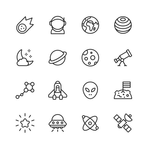 Space Line Icons. Editable Stroke. Pixel Perfect. For Mobile and Web. Contains such icons as Comet, Asteroid, Astronaut, Space Suit, Planet Earth, Cosmos, Star, Telescope, Galaxy, Spaceship, Travel, Moon Landing, Alien, Artificial Intelligence, Rocket. 16 Space Outline Icons. Comet, Asteroid, Astronaut, Space Suit, Planet, Planet Earth, Cosmos, Star, Moon, Orbit, Mars, Telescope, Galaxy, Outer Space, Spaceship, Space Travel, Moon Landing, Alien, Flag, Atom, Satellite, Robot, Artificial Intelligence, Scientist, Rocket Science, Book, Astronomy, Black Hole, Discovery, Rocket. astronaut symbols stock illustrations