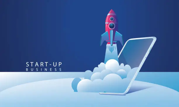 Vector illustration of Business Startup launching product with rocket concept. Template and Backgrounds Vector illustration, business project startup process idea through planning and strategy, time management