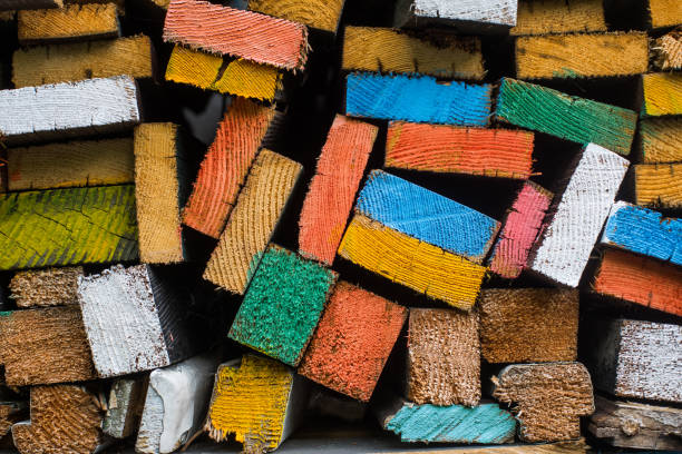 Wood planks painted in various colors.