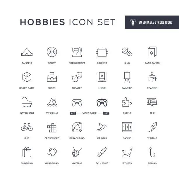 Vector illustration of Hobbies Editable Stroke Line Icons