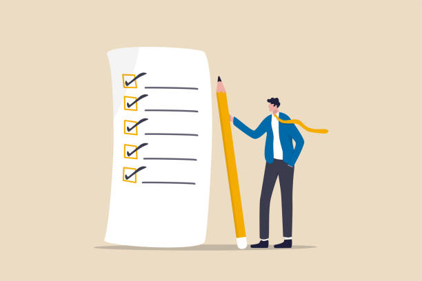 Checklist for work completion, review plan, business strategy or todo list for responsibility and achievement concept, confident businessman standing with pencil after completed all tasks checklist. Checklist for work completion, review plan, business strategy or todo list for responsibility and achievement concept, confident businessman standing with pencil after completed all tasks checklist. responsibility stock illustrations