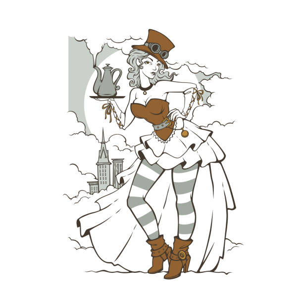 Steampunk girl holding a coffee pot, vector illustration Steampunk girl holding a coffee pot, vector illustration steampunk woman stock illustrations