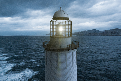 3D rendering of a lighthouse in the rain with the sea in the background.