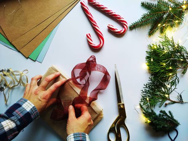 step-by-step instructions for packing a Christmas gift. DIY gift wrapping
