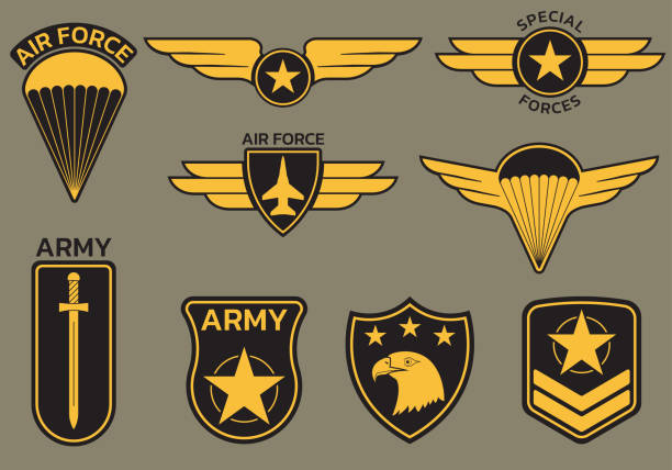 Military badge, army patch and insignia set. Air and airforce emblrms with eagle, star and plane. Vector illustration. Military badge, army patch and insignia set. Air and airforce emblrms with eagle, star and plane. Vector illustration. air force stock illustrations