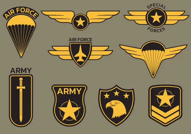 Vector illustration of Military badge, army patch and insignia set. Air and airforce emblrms with eagle, star and plane. Vector illustration.
