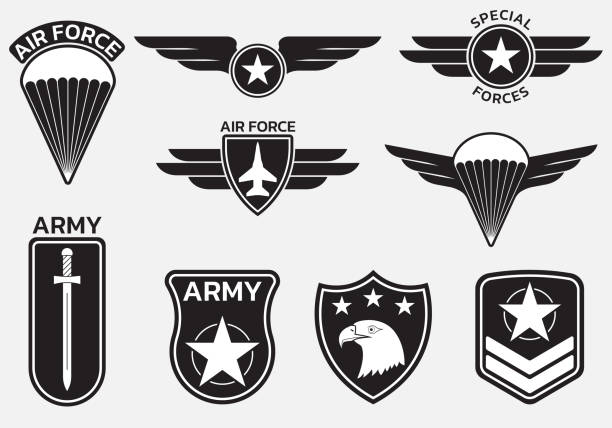 ilustrações, clipart, desenhos animados e ícones de distintivo militar, patch do exército e insígnias. ar e força aérea emblrms com águia, estrela e avião. ilustração vetorial. - symbol military star eagle