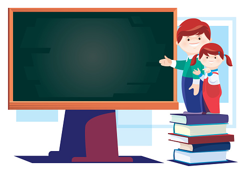 vector illustration of boy and girl presenting with blackboard