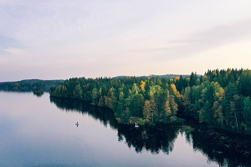 Aerial view with lakes, islands and forest in Heinola, Finland