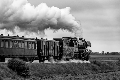 Old steam train with a lot of smoke coming from the chimney driving through the countryside in black and white. The black locomotive is pulling passenger carts.
