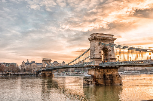 Panoramic view of Budapest city and Chain Bridge on a frosty snowy winter morning