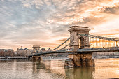 Panoramic view of Budapest city and Chain Bridge on a frosty snowy winter morning