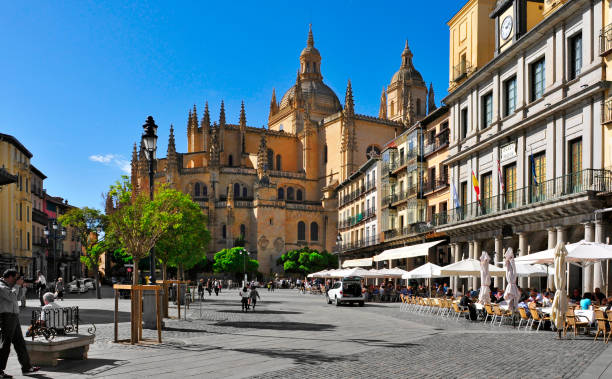 Plaza Mayor square and Cathedral in Segovia, Spain Segovia, Spain - October 18, 2014: View of the Plaza Mayor square and the Cathedral in Segovia, Spain. This late gothic building is one of the main landmarks in the Old Town of the city segovia cathedral photos stock pictures, royalty-free photos & images
