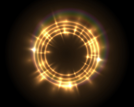 Vector round shiny frame with rainbow lens flare special effect. Luxury golden light ring. Abstract Glow circle on dark background. Festive tech banner.