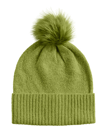Khaki winter  hat with big fluffy pom isolated on white
