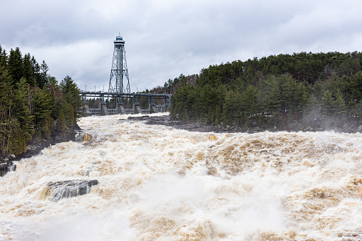 The Saint-Maurice river at the Shawinigan devil's hole during the spring floods, Quebec, Canada.