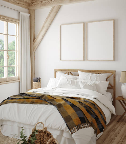 istock Mock up frame in country style bedroom interior 1284715919