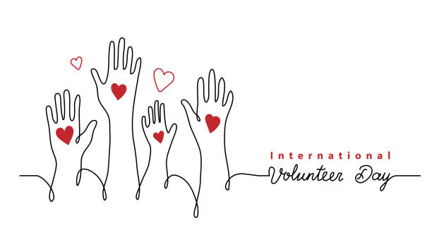 ilustraciones, imágenes clip art, dibujos animados e iconos de stock de día voluntario minimalista banner vectorial, cartel, fondo con las manos y los corazones. un dibujo de línea continuo con texto día de voluntariado internacional - volunteer