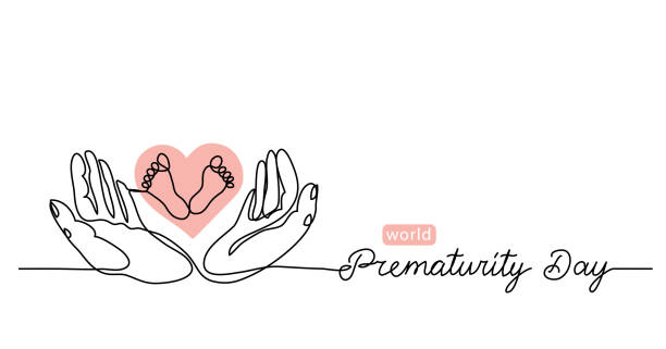 World Prematurity Day simple vector banner, background with small feet in the hands. One continuous line drawing with lettering Prematurity Day World Prematurity Day simple vector banner, background with small feet in the hands. One continuous line drawing with lettering Prematurity Day. miscarriage stock illustrations