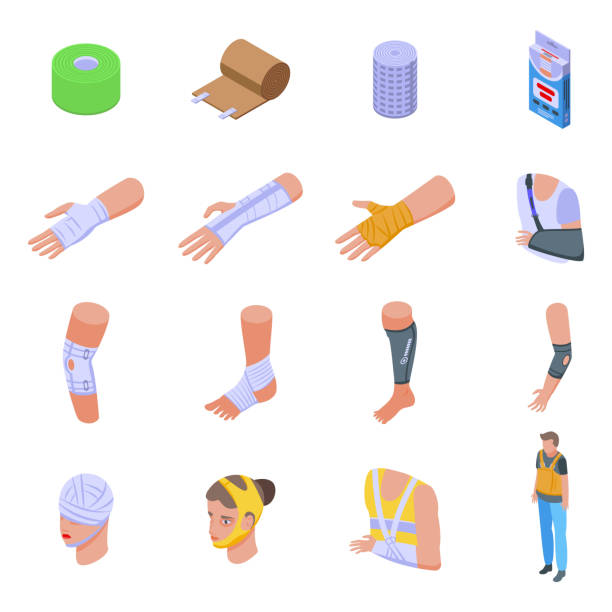 붕대 아이콘 세트, 아이소메트릭 스타일 - bandage wound first aid gauze stock illustrations