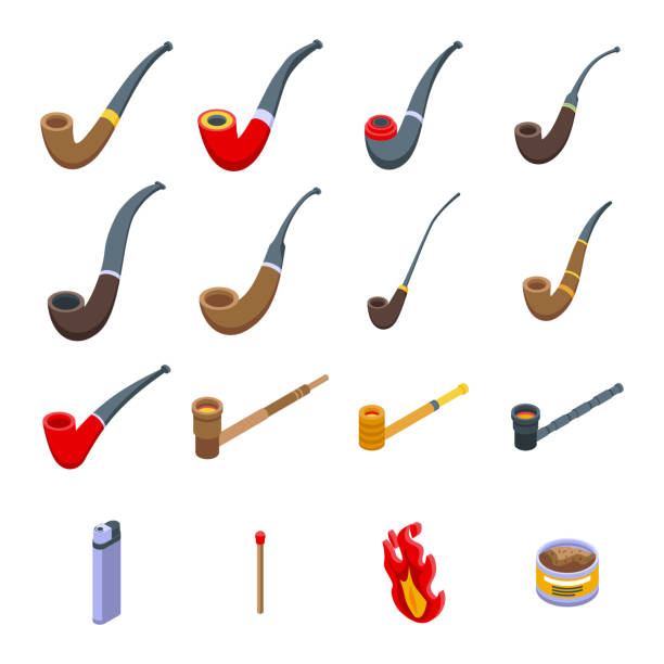 ilustrações de stock, clip art, desenhos animados e ícones de smoking pipe icons set, isometric style - cigarette tobacco symbol three dimensional shape