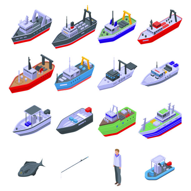 illustrazioni stock, clip art, cartoni animati e icone di tendenza di set icone barca da pesca, stile isometrico - isometric nautical vessel yacht sailboat