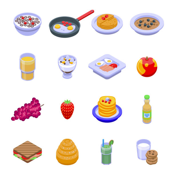 ilustrações de stock, clip art, desenhos animados e ícones de healthy breakfast icons set, isometric style - toast coffee