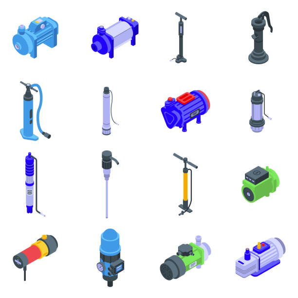Pump icons set, isometric style Pump icons set. Isometric set of pump vector icons for web design isolated on white background air pump stock illustrations