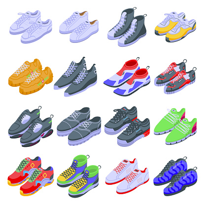 Sneakers icons set. Isometric set of sneakers vector icons for web design isolated on white background