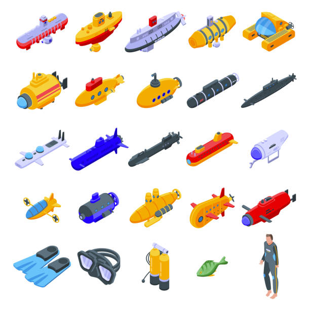 ilustrações de stock, clip art, desenhos animados e ícones de bathyscaphe icons set, isometric style - submarine