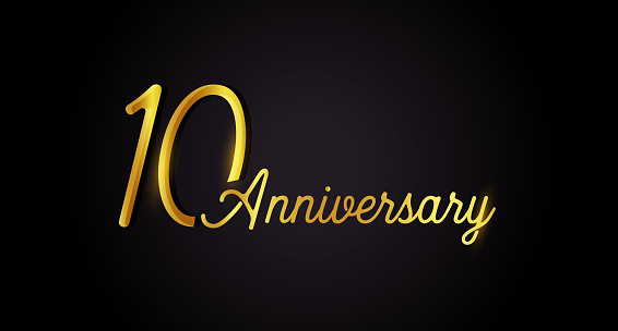 10 anniversary logo concept. 10th years birthday icon. Isolated golden numbers on black background. Vector illustration. EPS10